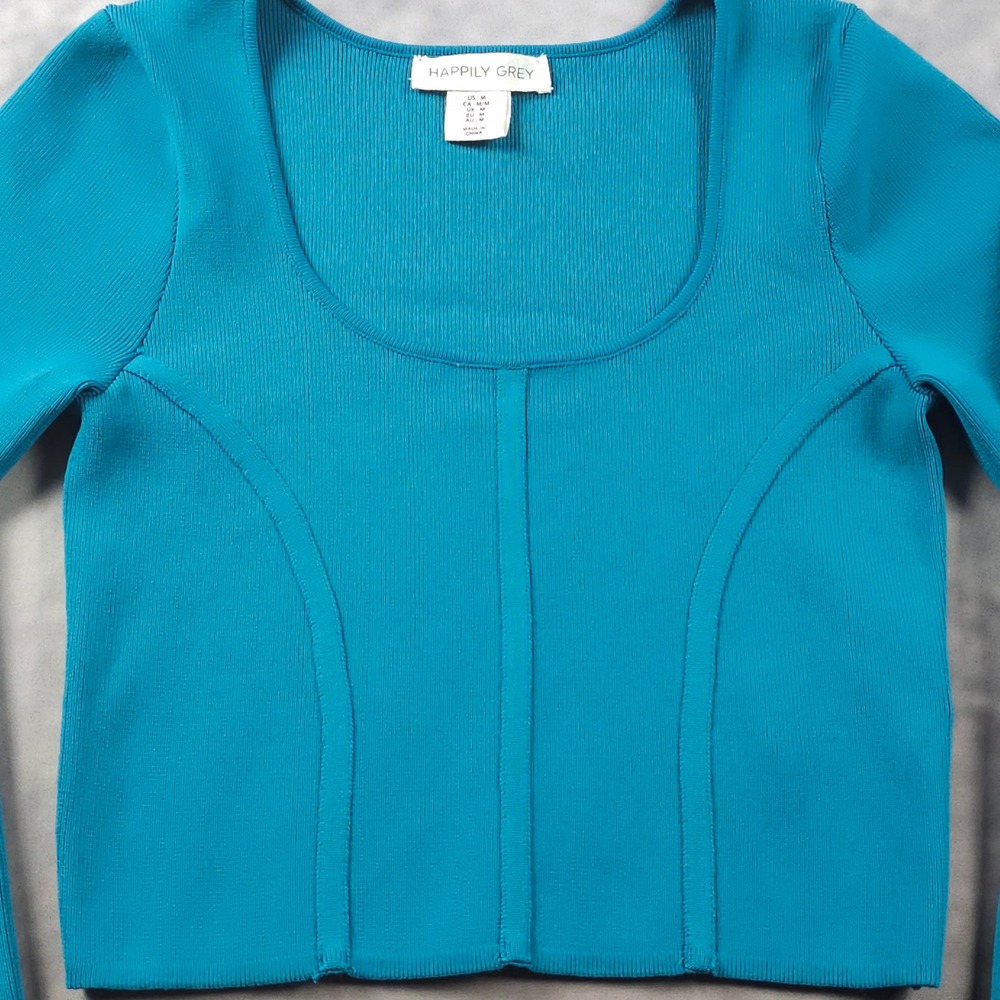 Happily Grey Corset Crop Top Ribbed Long Sleeve Going Out Teal Medium - Picture 3 of 9
